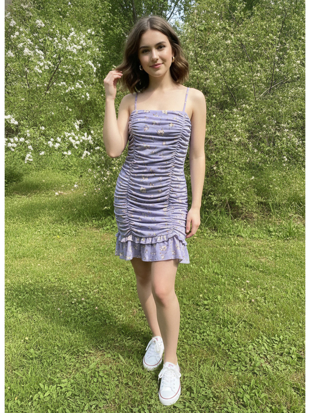 Forever 21 Lavender Ruched Floral Mini Dress with Ruffle Hem